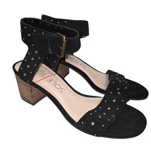 Sole Society Black Studded Ankle Strap Block Heel Sandals, 6.5